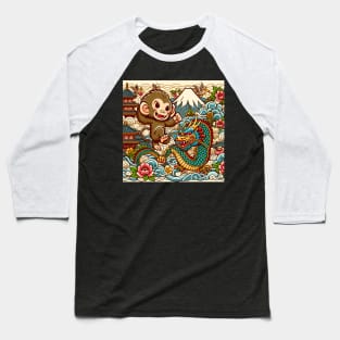 Cute Monkey and Dragon in Japan with Pagoda ,Wave, Flower and Fuji Mount Baseball T-Shirt